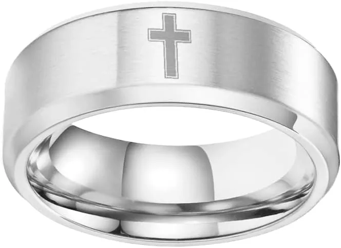 COLORFUL BLING 8MM Stainless Steel Simple Frosted Finish Christian Religious Cross Band Rings for Women Men Jesus Christ Lord Prayer Wedding Statement Jewelry