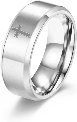COLORFUL BLING 8MM Stainless Steel Simple Frosted Finish Christian Religious Cross Band Rings for Women Men Jesus Christ Lord Prayer Wedding Statement Jewelry