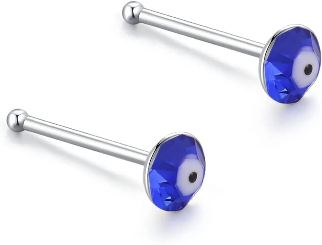 COLORFUL BLING 925 Sterling Silver 3MM Blue Eye Crystal Inlaid Evil Eyes Nose Rings Stud Body Piercing Jewelry for Women Men
