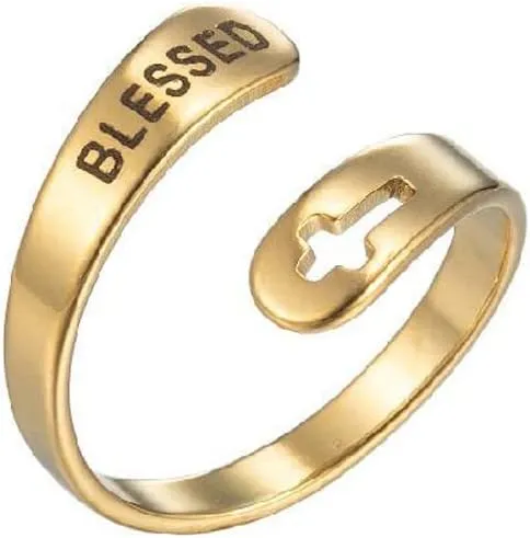 COLORFUL BLING Gold Silver Stainless Steel Adjustable Statement Promise Rings Hope Love Blessed Faith Engraved Band Rings Eternity Cross Jewelry for Women Men