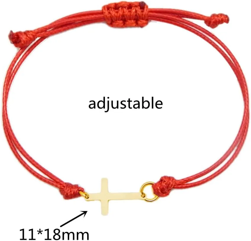 COLORFUL BLING Gold Silver Stainless Steel Sideways Cross Bracelet Adjustable Braided String Faith Hope Blessed Woven Rope Wrist Cuff for Men Women Protection Amulet Jewelry