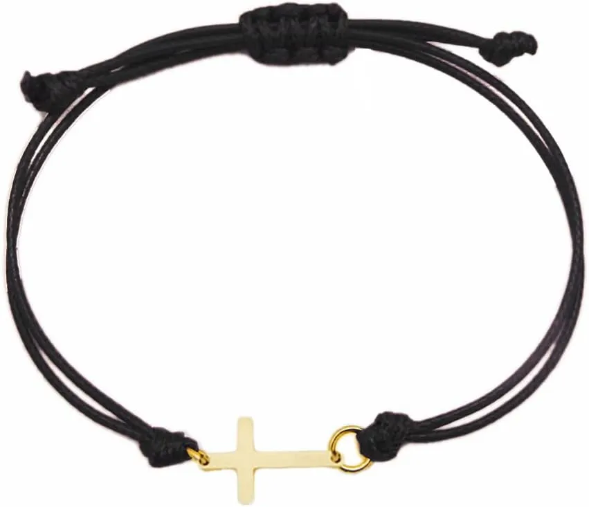 COLORFUL BLING Gold Silver Stainless Steel Sideways Cross Bracelet Adjustable Braided String Faith Hope Blessed Woven Rope Wrist Cuff for Men Women Protection Amulet Jewelry