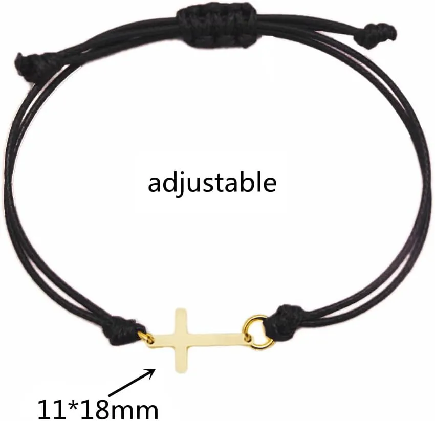 COLORFUL BLING Gold Silver Stainless Steel Sideways Cross Bracelet Adjustable Braided String Faith Hope Blessed Woven Rope Wrist Cuff for Men Women Protection Amulet Jewelry