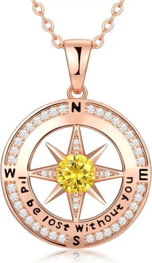Compass Necklace Gifts for Women wife - S925 Sterling Silver Birthstone Necklaces for Women - Anniversary Birthday Gifts for Her Wife Girlfriend - Valentines Mom Mothers Day Christmas Gifts Jewelry for Women
