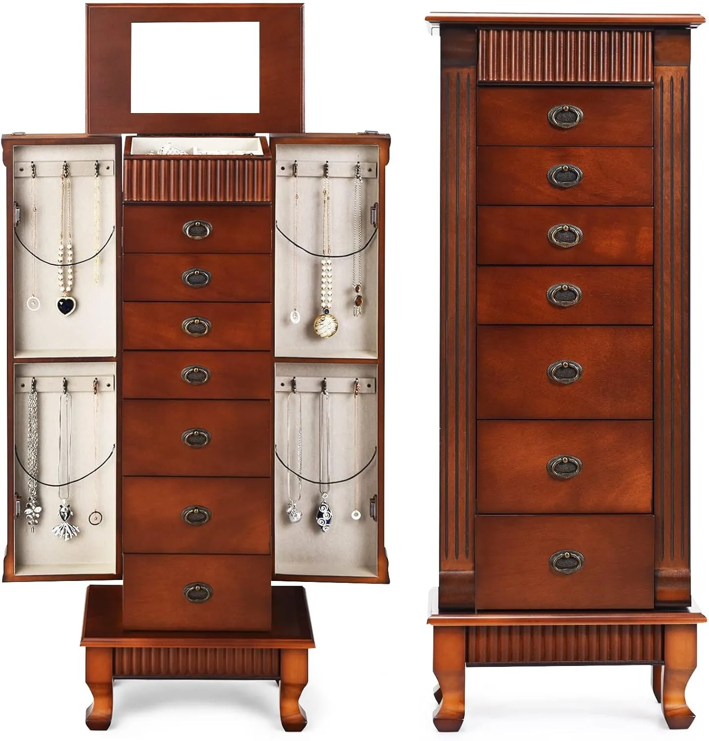 COSTWAY Jewelry Armoire Cabinet, Wooden Jewelry Storage Chest with 7 Drawers, 2 Side Doors, Flip-up Mirror & Top Divided Organizer, Standing Jewelry Cabinet for Women Girls, Dark Walnut