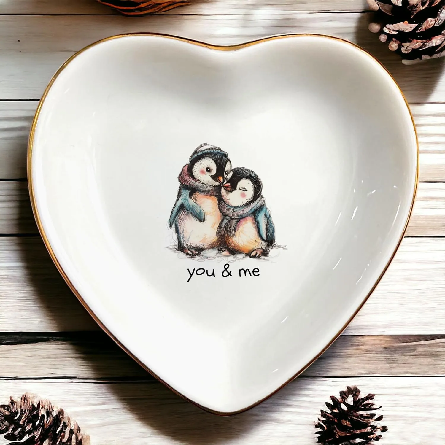 Couple Penguin Ceramic Tray Dish-Valentines Mother Day Gift Jewelry Trinket Tray,-Penguin Love Couple Ring Trinket- Anniversary Birthday Christmas Valentine Gifts For Her Wife Girlfriend