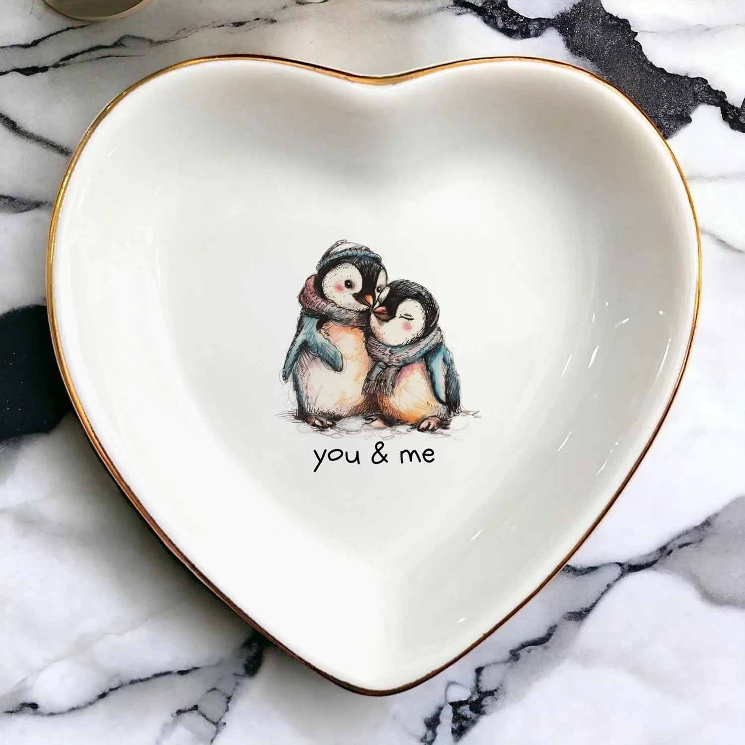 Couple Penguin Ceramic Tray Dish-Valentines Mother Day Gift Jewelry Trinket Tray,-Penguin Love Couple Ring Trinket- Anniversary Birthday Christmas Valentine Gifts For Her Wife Girlfriend