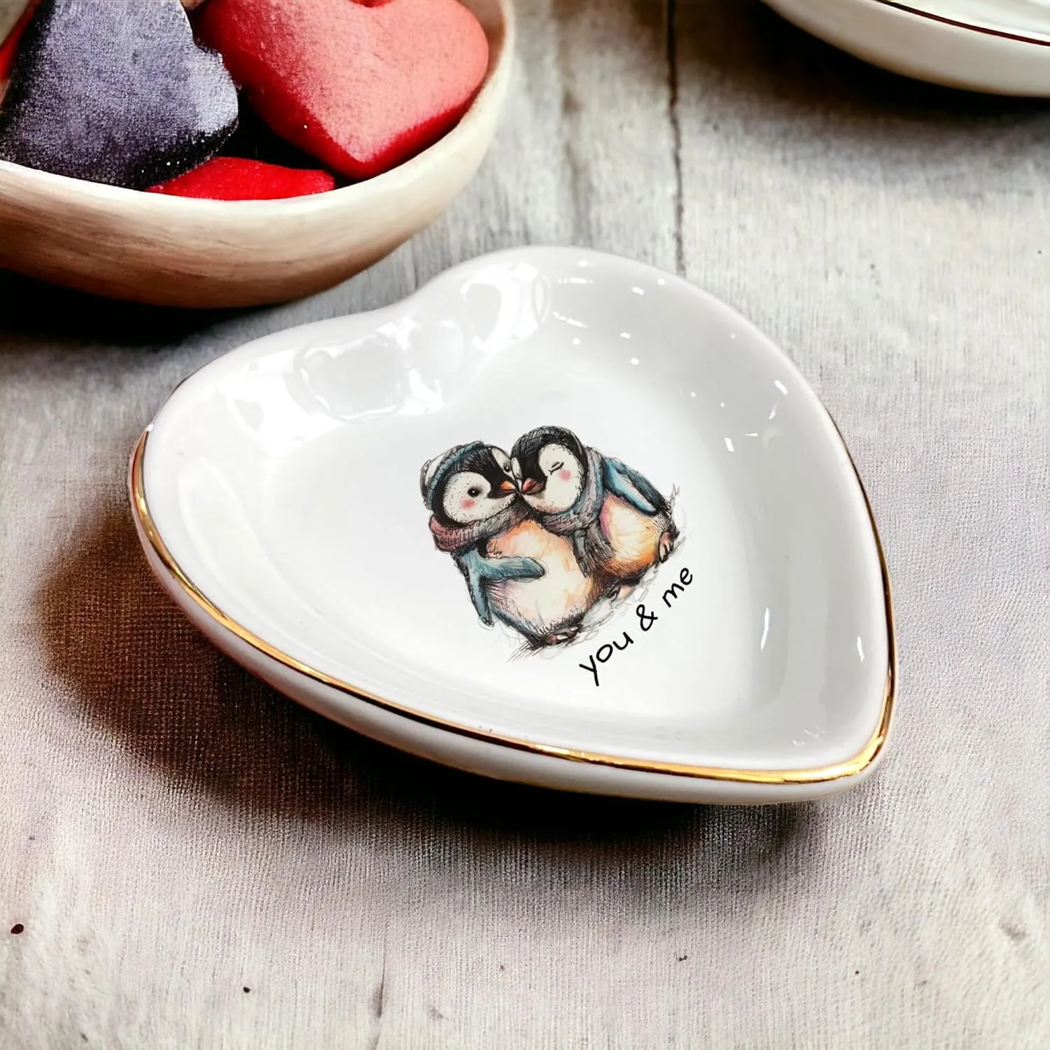 Couple Penguin Ceramic Tray Dish-Valentines Mother Day Gift Jewelry Trinket Tray,-Penguin Love Couple Ring Trinket- Anniversary Birthday Christmas Valentine Gifts For Her Wife Girlfriend