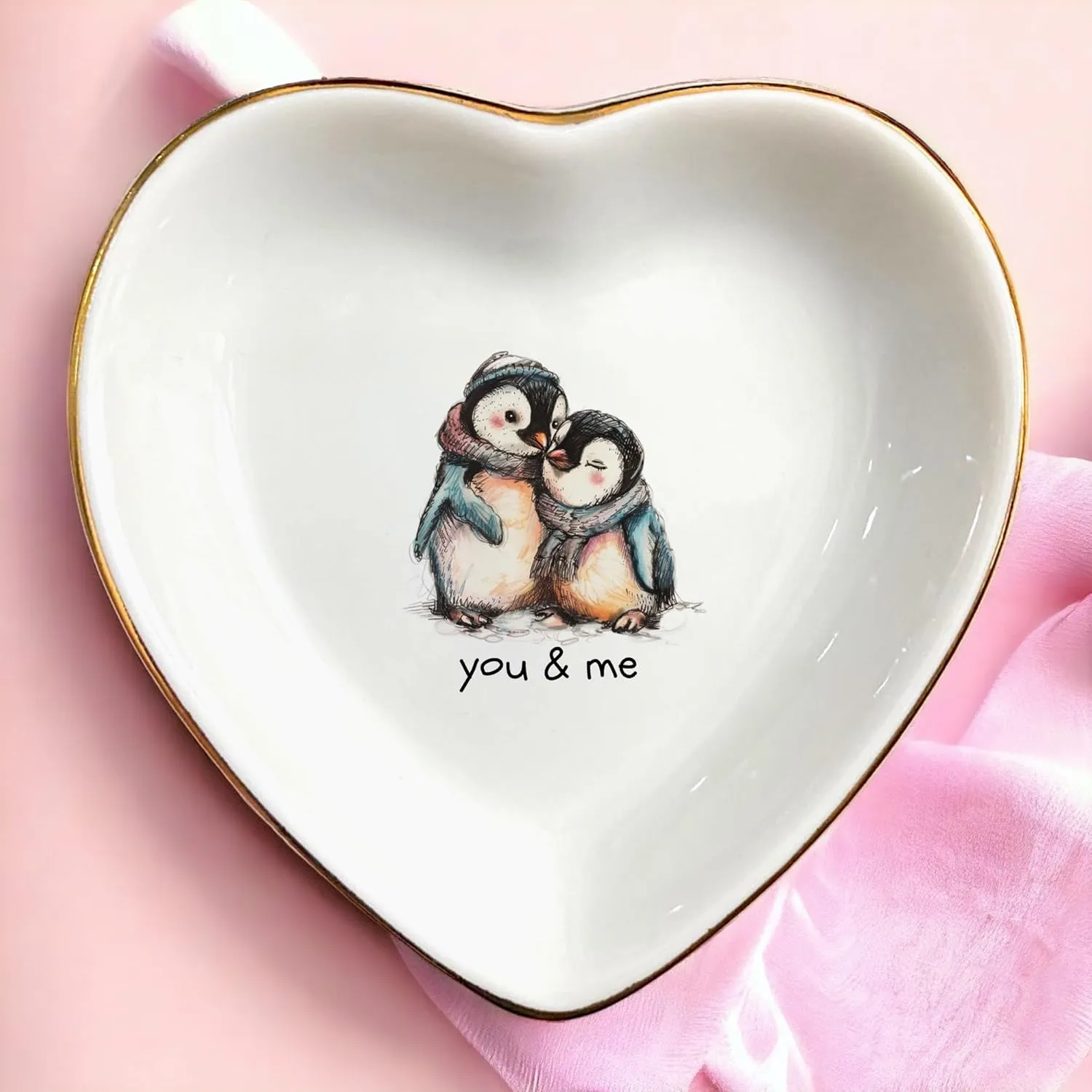 Couple Penguin Ceramic Tray Dish-Valentines Mother Day Gift Jewelry Trinket Tray,-Penguin Love Couple Ring Trinket- Anniversary Birthday Christmas Valentine Gifts For Her Wife Girlfriend