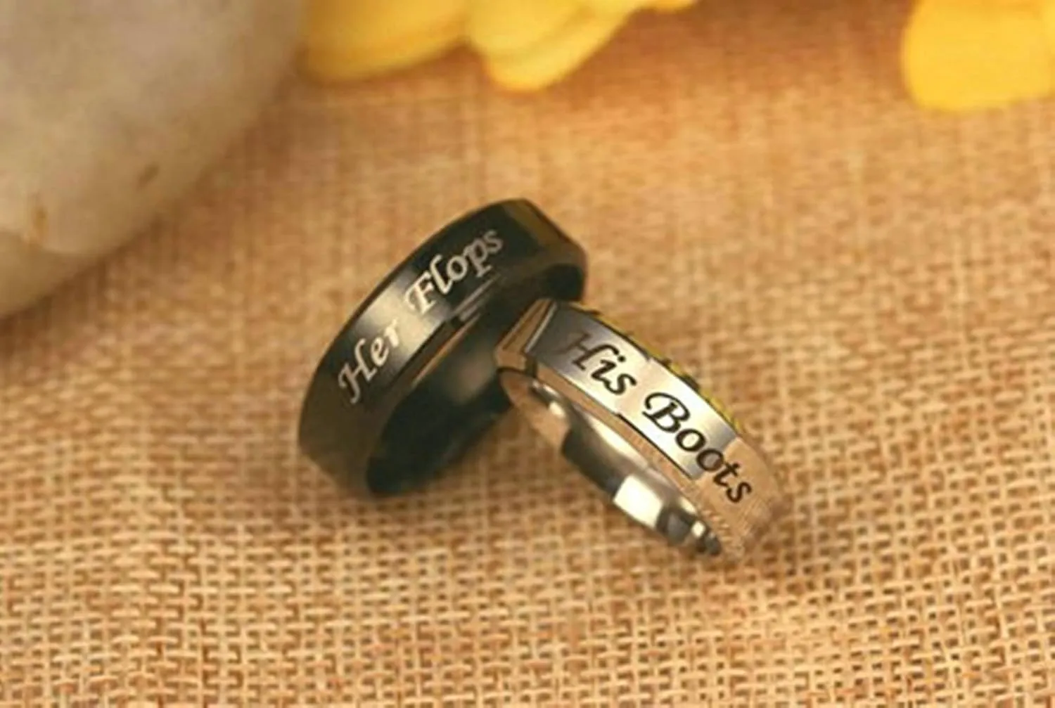 Couples Promise Rings for Him and Her Set, His Boots Her Flops Bands Ring Stainless Steel Promise Ring Custom Silver Black
