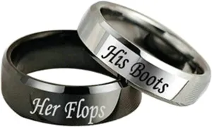 Couples Promise Rings for Him and Her Set, His Boots Her Flops Bands Ring Stainless Steel Promise Ring Custom Silver Black