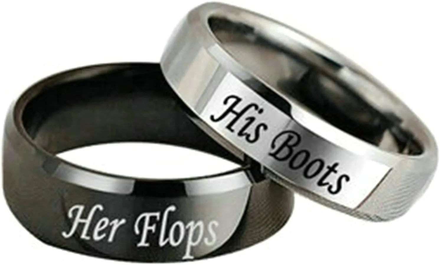 Couples Promise Rings for Him and Her Set, His Boots Her Flops Bands Ring Stainless Steel Promise Ring Custom Silver Black