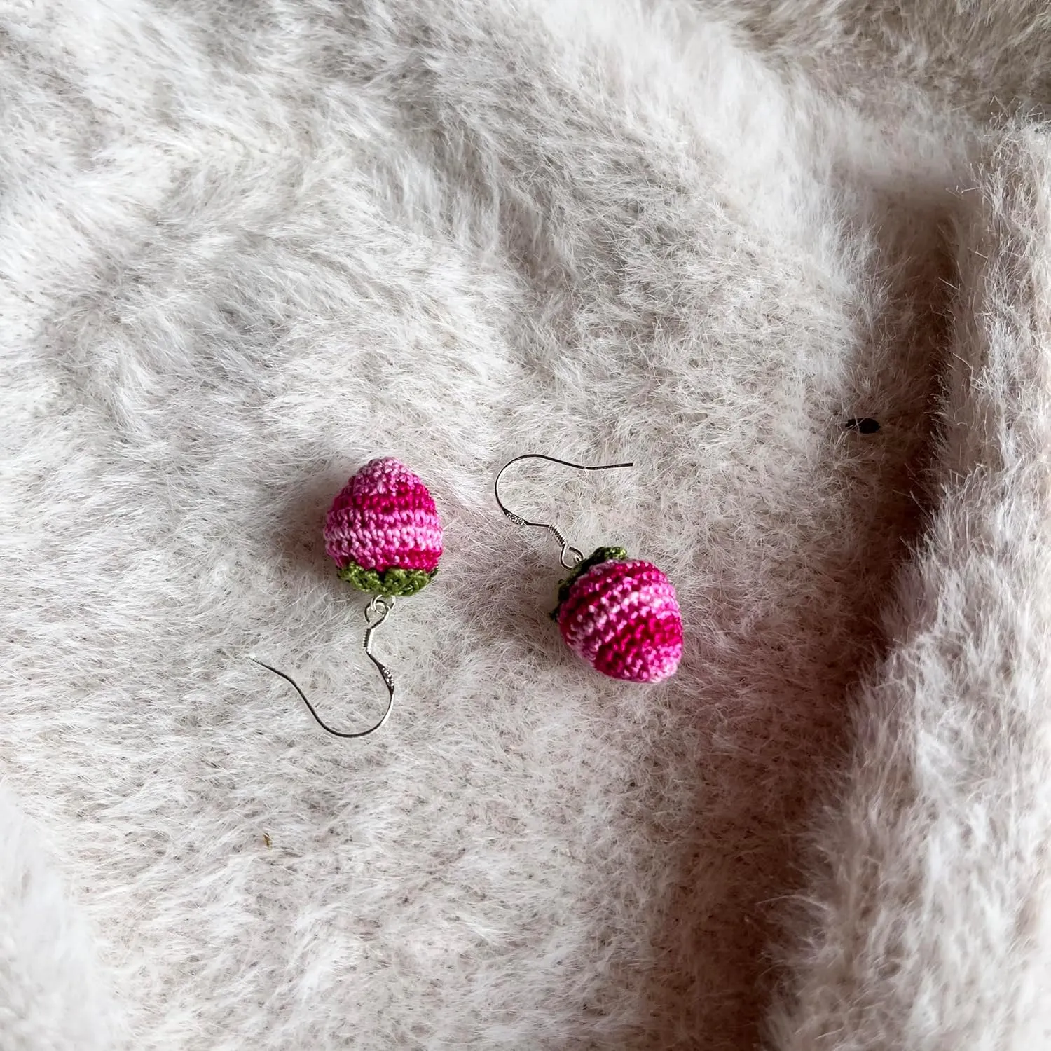 Crochet Handmade strawberry shape Earrings Knitted Earrings for women girls with 925 sterling silver plated platinum Cute Statement Jewelry