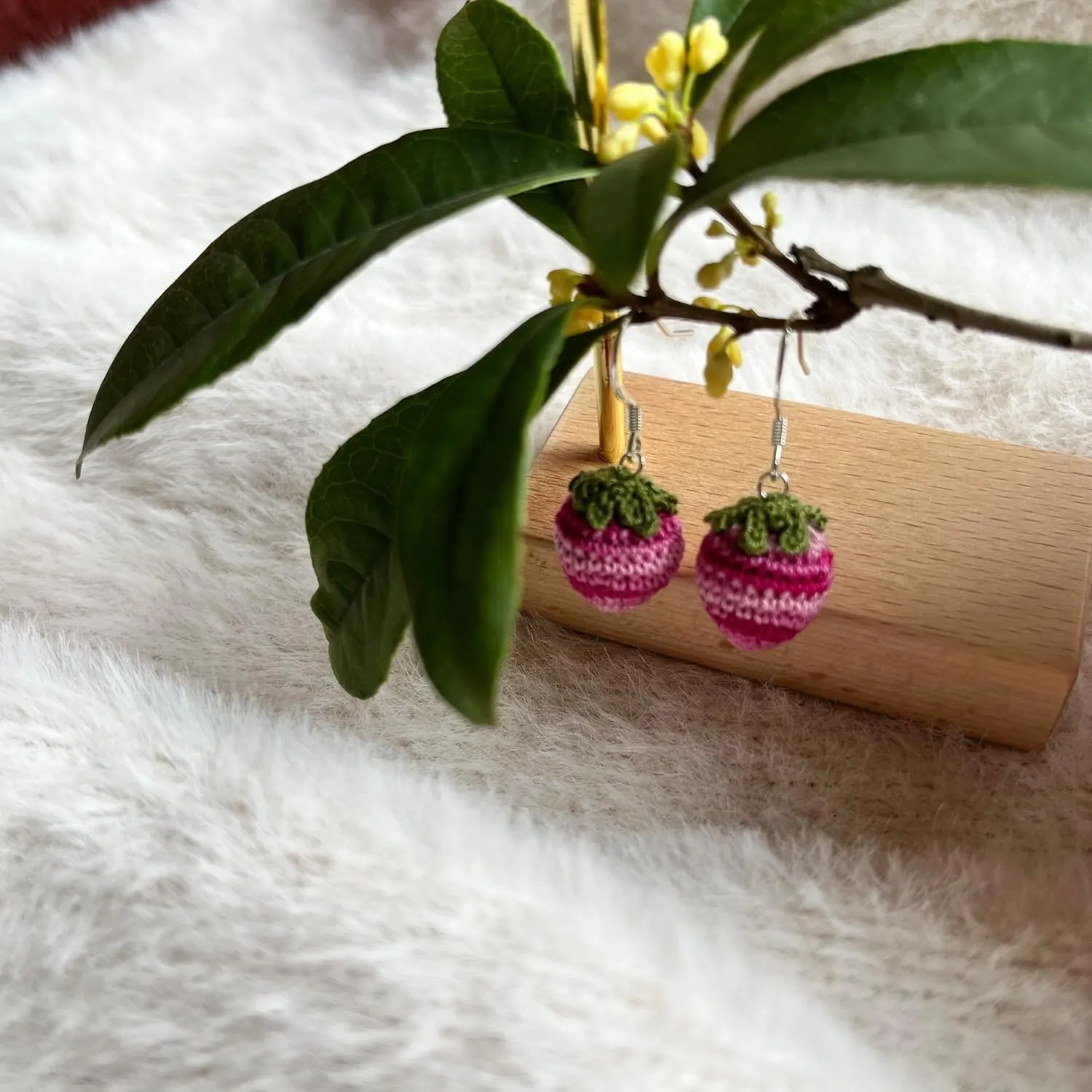 Crochet Handmade strawberry shape Earrings Knitted Earrings for women girls with 925 sterling silver plated platinum Cute Statement Jewelry