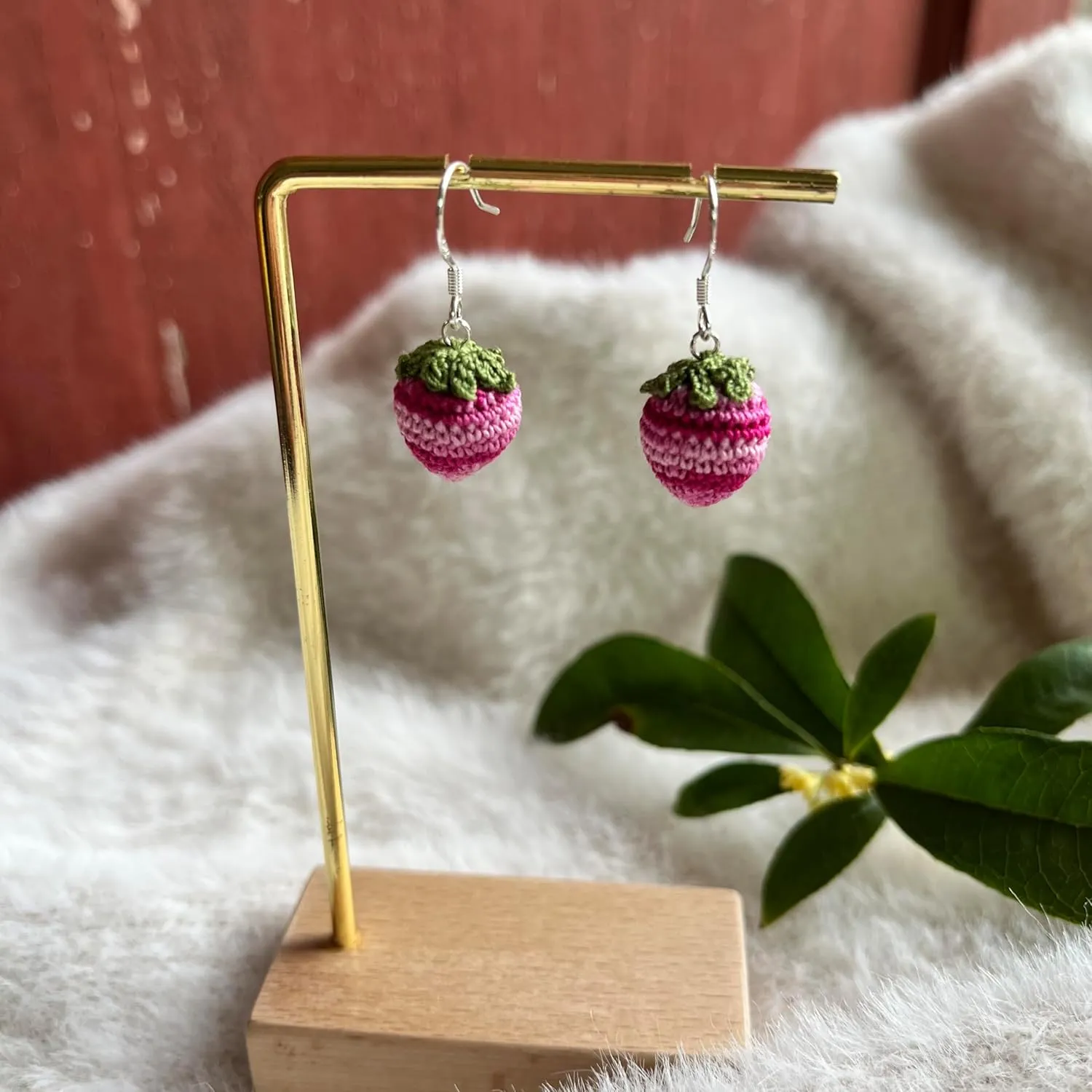 Crochet Handmade strawberry shape Earrings Knitted Earrings for women girls with 925 sterling silver plated platinum Cute Statement Jewelry