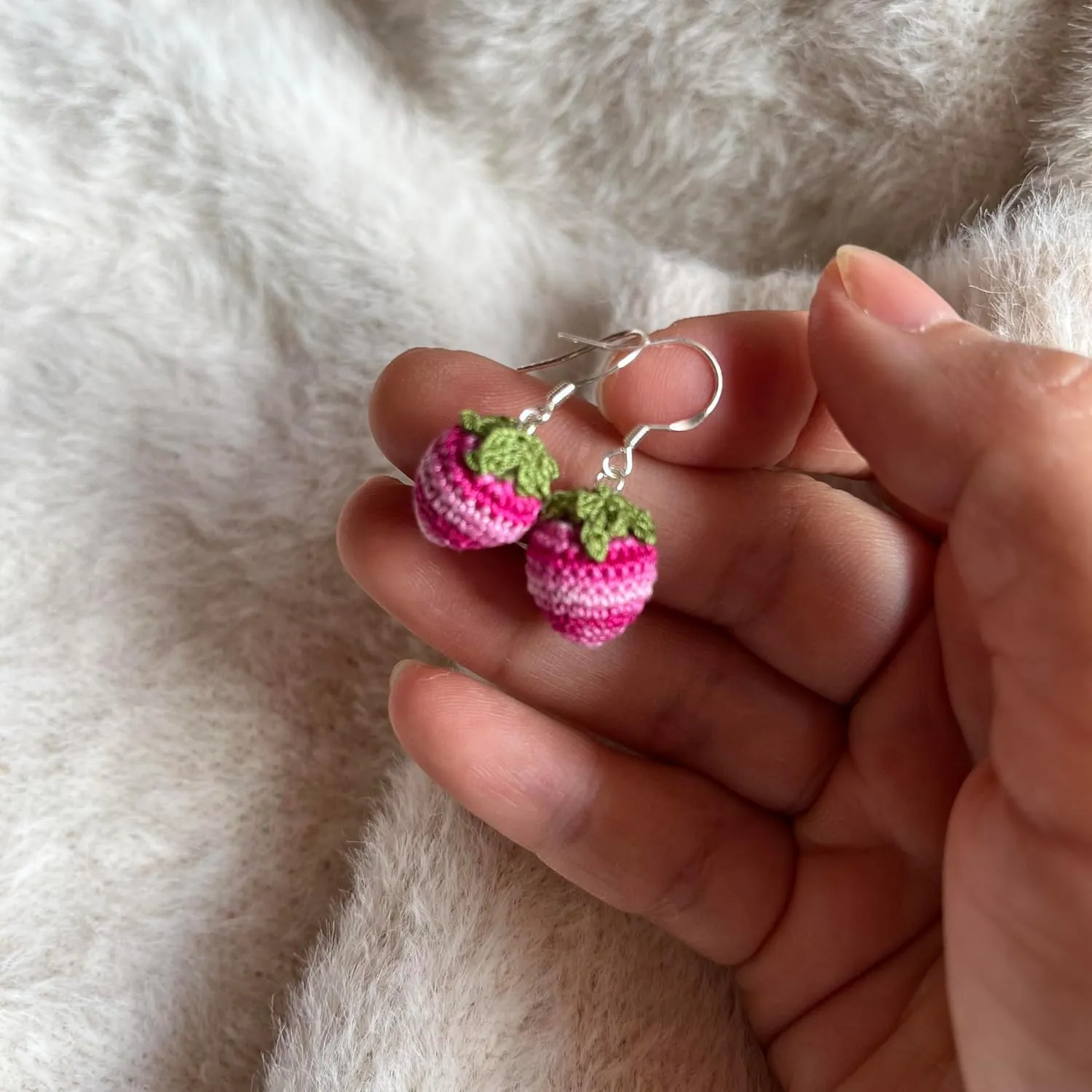 Crochet Handmade strawberry shape Earrings Knitted Earrings for women girls with 925 sterling silver plated platinum Cute Statement Jewelry