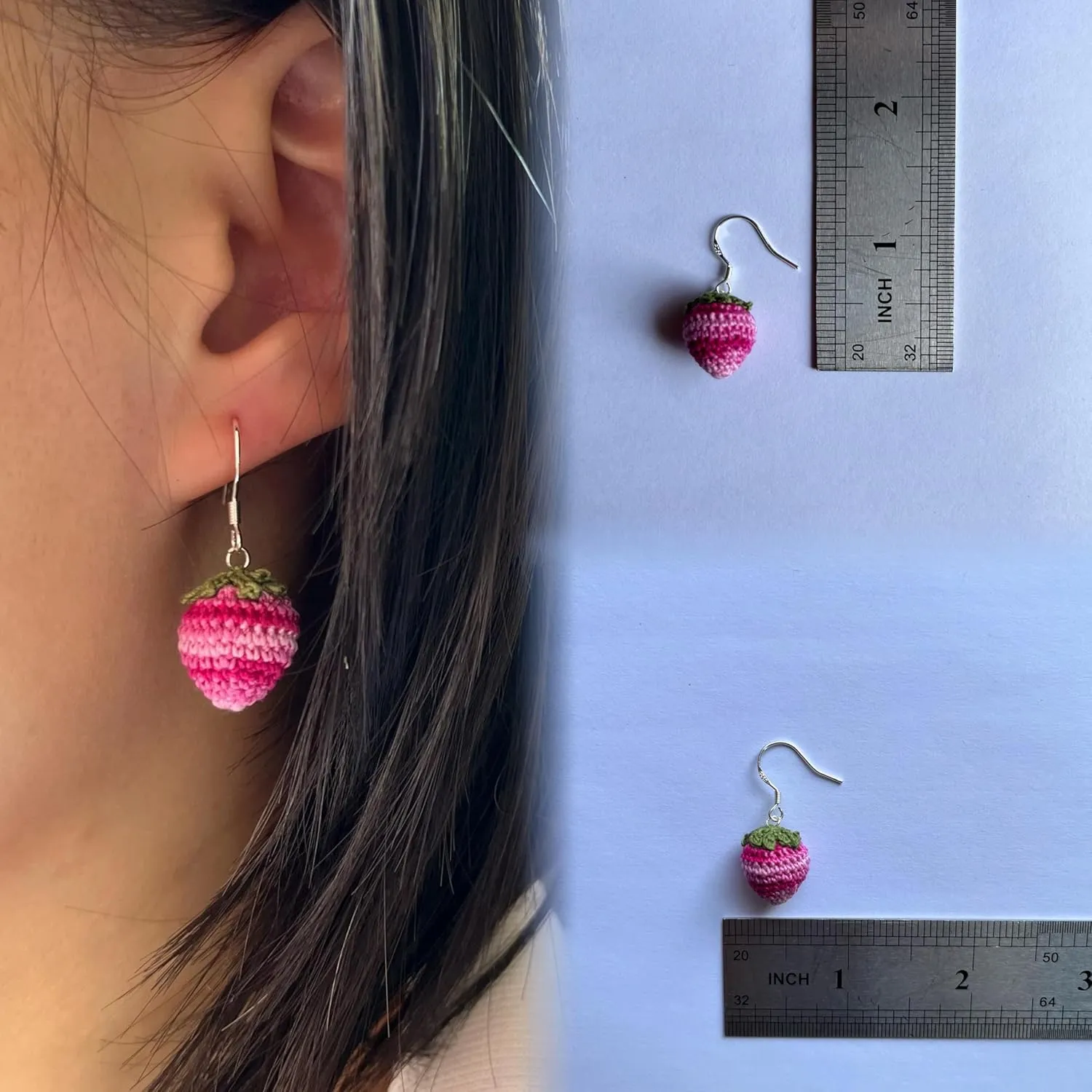 Crochet Handmade strawberry shape Earrings Knitted Earrings for women girls with 925 sterling silver plated platinum Cute Statement Jewelry