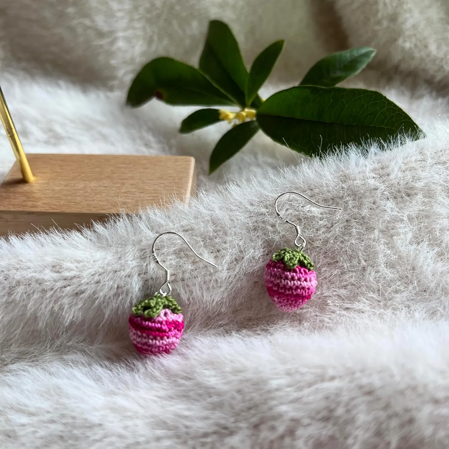Crochet Handmade strawberry shape Earrings Knitted Earrings for women girls with 925 sterling silver plated platinum Cute Statement Jewelry