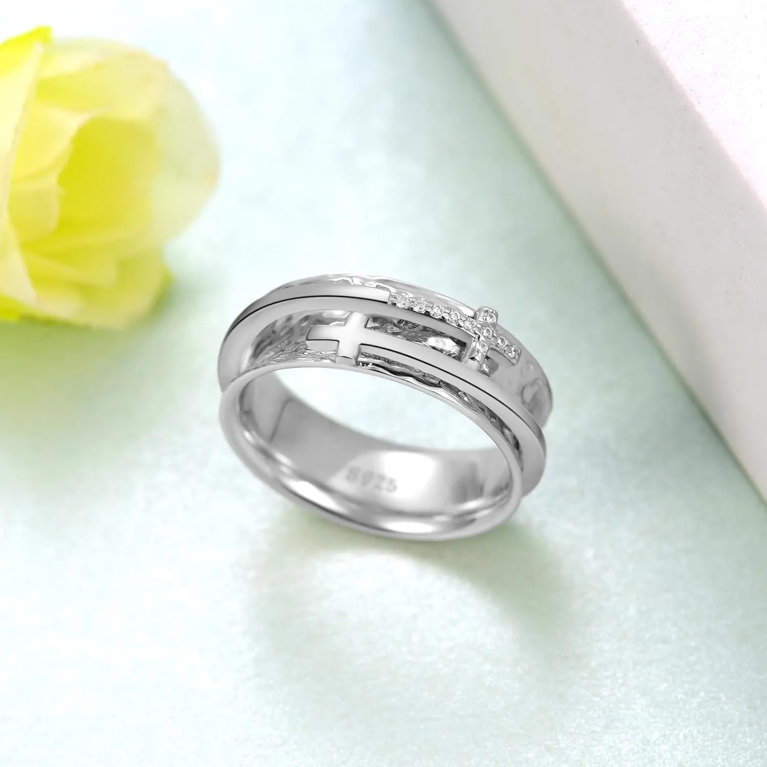 Cross Fidget Ring for Anxiety 925 Sterling Silver Fidget Spinner Ring Anxiety Jewelry for Women Men