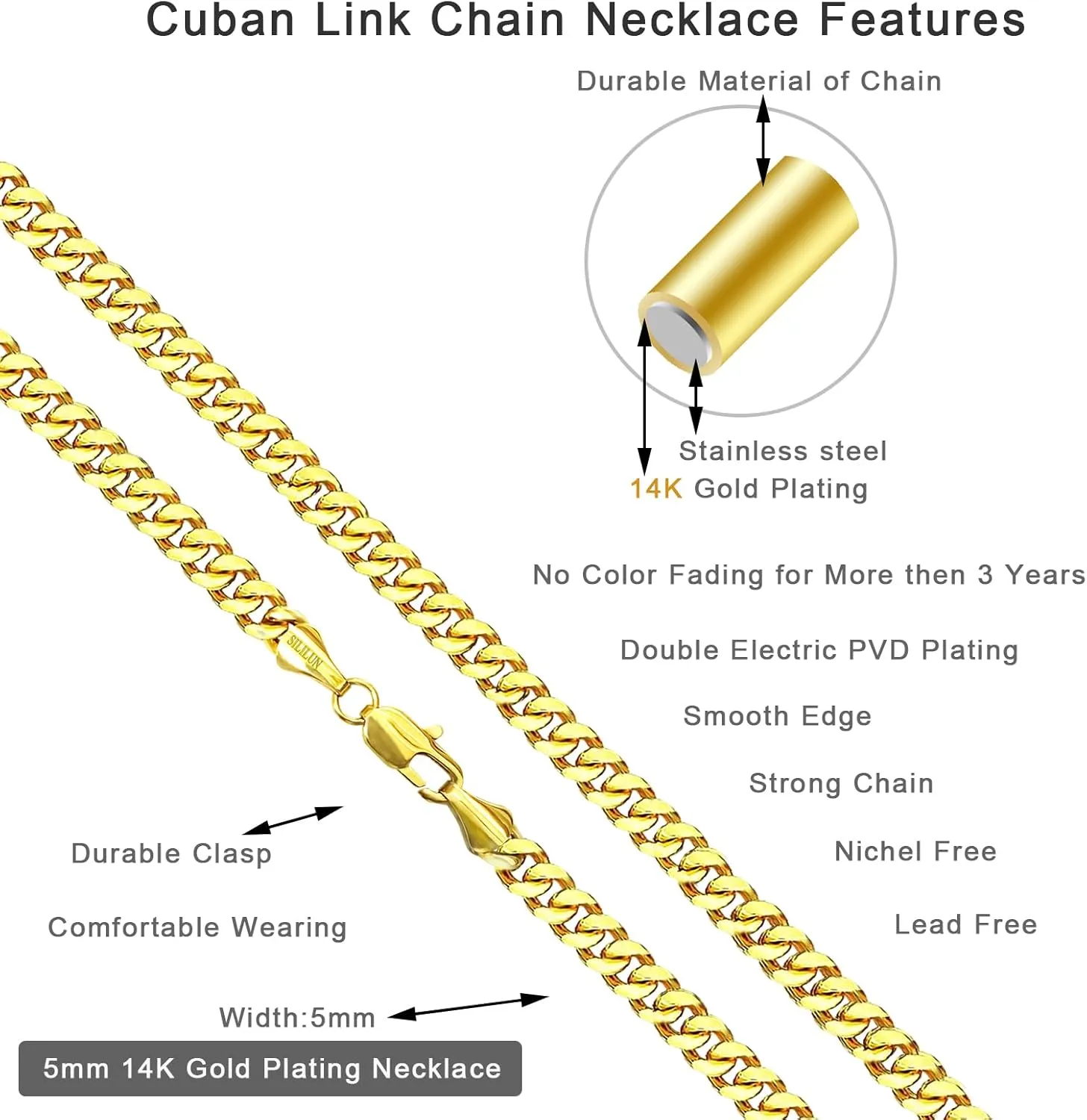 Cuban Link Chain for Men 14K/18K Gold Miami Curb Chain Durable Necklace Hip Hop Jewelry