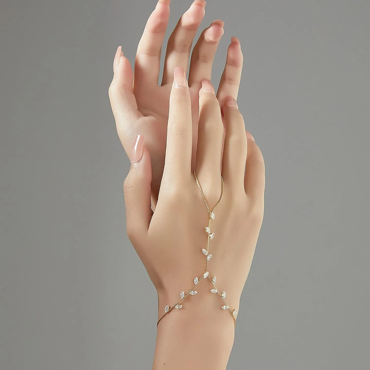 Cubic Zirconia Palm Chain Bracelet for Women Silver Color Hand Bracelet Cluster CZ with Ring Hand Harness Bangle