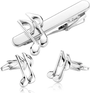Cufflinks and Tie Clip for Men, Cuff Links Mens Fun Necktie Clips Men Music Symbol Silver Stainless Steel