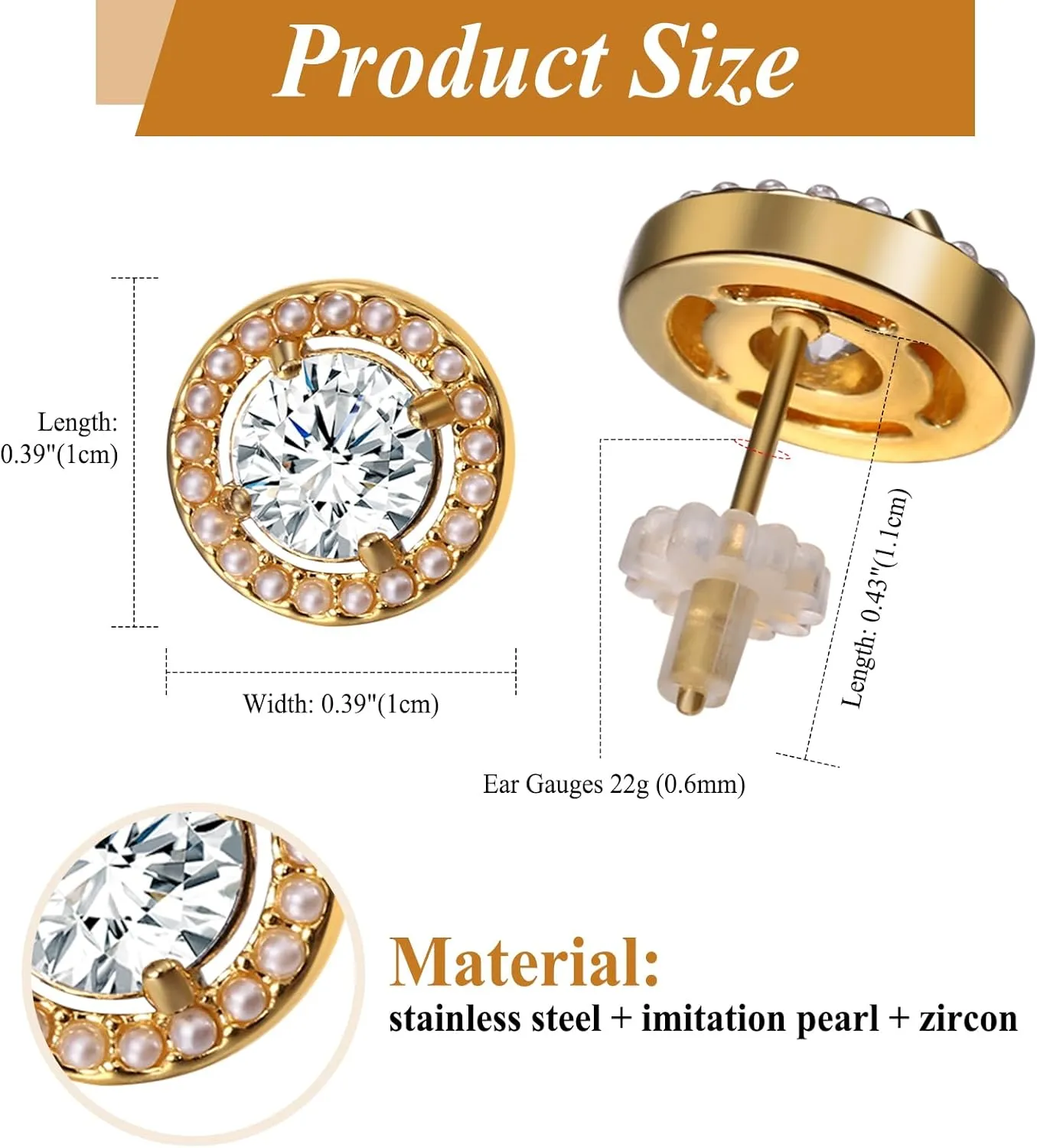 Cupimatch Women's Pearl Stud Earrings: 14K Gold-Plated Geometric Cubic Zirconia Earrings Rectangular Round Water Drop Shape Oval Heart French Style for Women