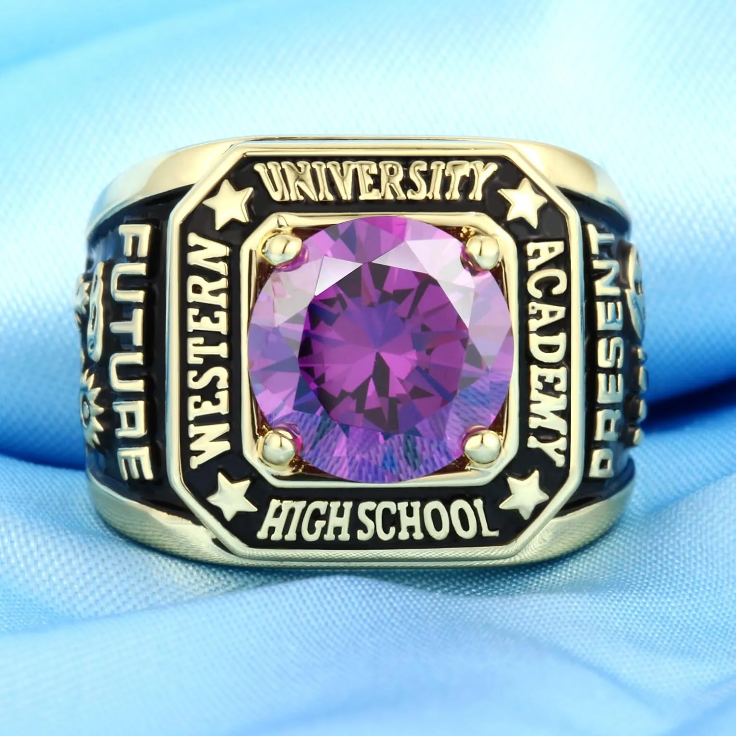 Custom Class Rings - Fully Personalized Men's High School Rings Size 5-15 with Cubic Zirconia Birthstone in Sterling Silver