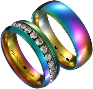 Custom Name Couple Rings for him her,2Pcs Stainless Steel Customized Wedding Band Rainbow Colorful CZ Promise Ring Set Personalized His Her Jewelry for Valentine's day Gift