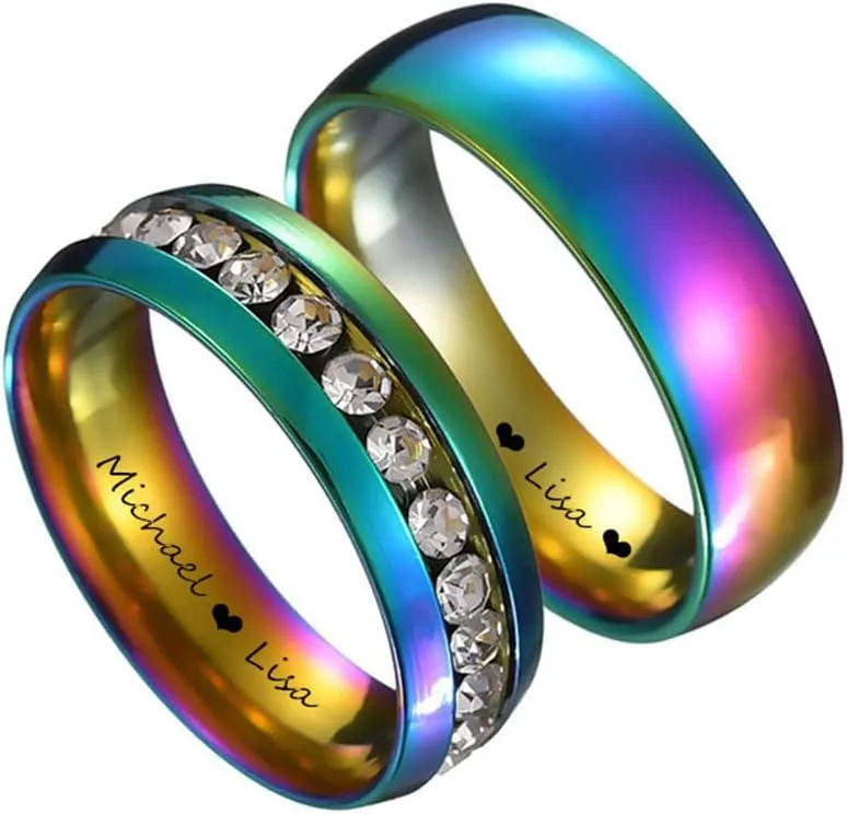 Custom Name Couple Rings for him her,2Pcs Stainless Steel Customized Wedding Band Rainbow Colorful CZ Promise Ring Set Personalized His Her Jewelry for Valentine's day Gift
