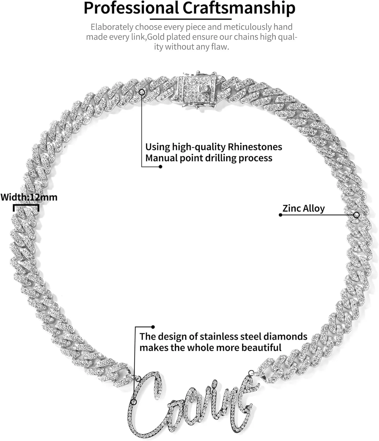 Custom Name Necklace With 12mm Rhinestone Cuban S-Link Chain Personalized Letters Pendant Zinc alloy Necklaces For Women Fashion Hip Hop Jewelry Gift
