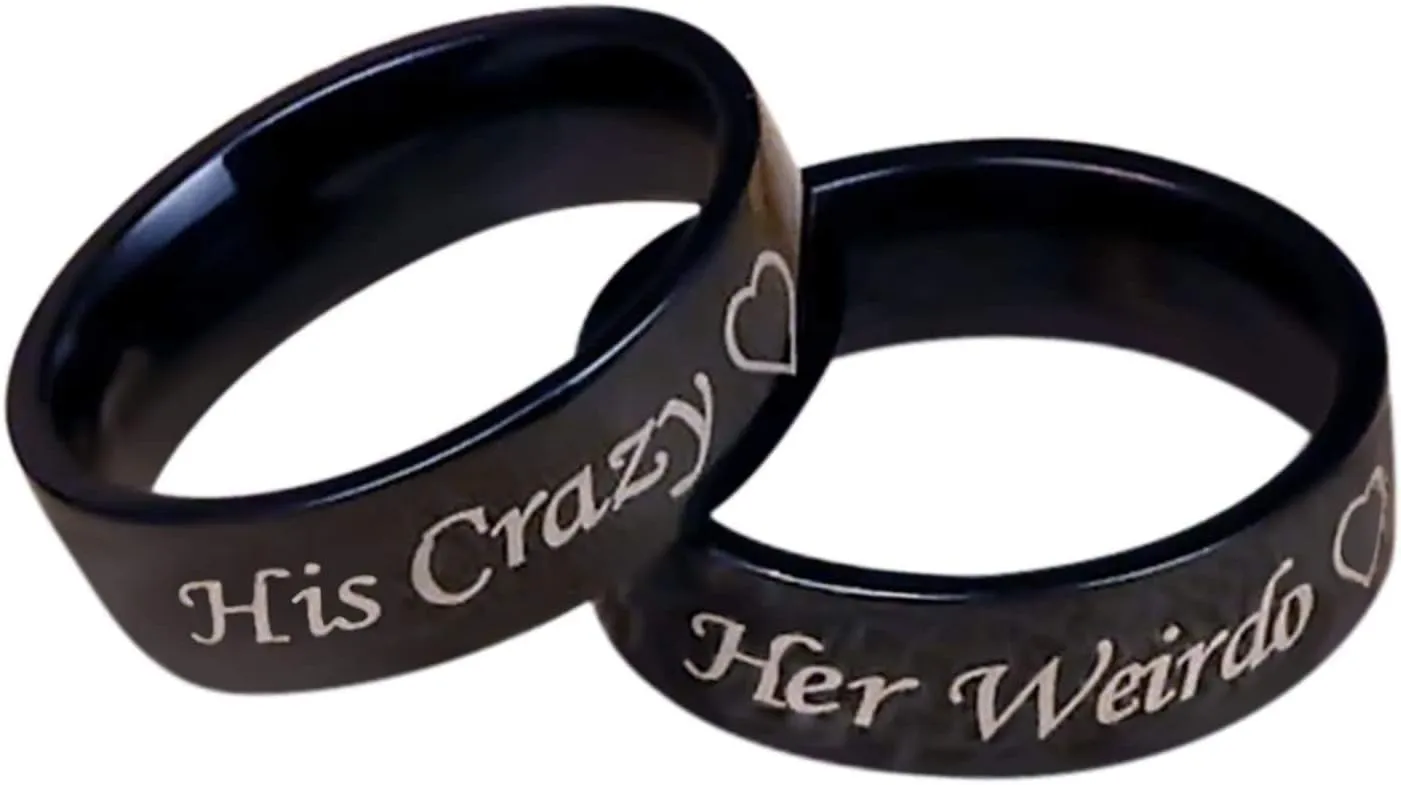 Customized Couple Rings, Couples Engagement Rings Set Stainless Steel Engraved Heart Her Weirdo and His Crazy Black Rings for Women Men Xmas Size 6-12