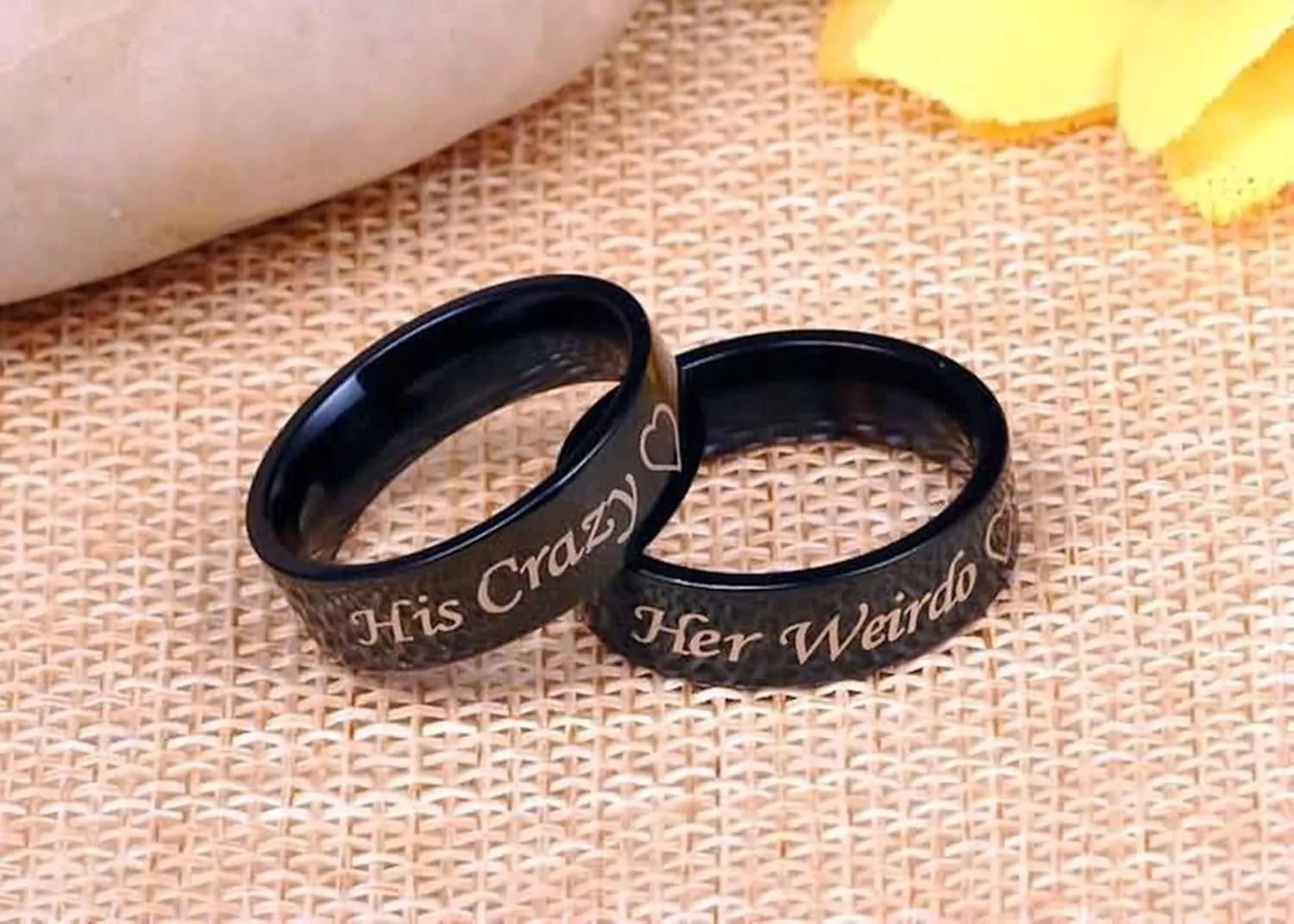 Customized Couple Rings, Couples Engagement Rings Set Stainless Steel Engraved Heart Her Weirdo and His Crazy Black Rings for Women Men Xmas Size 6-12
