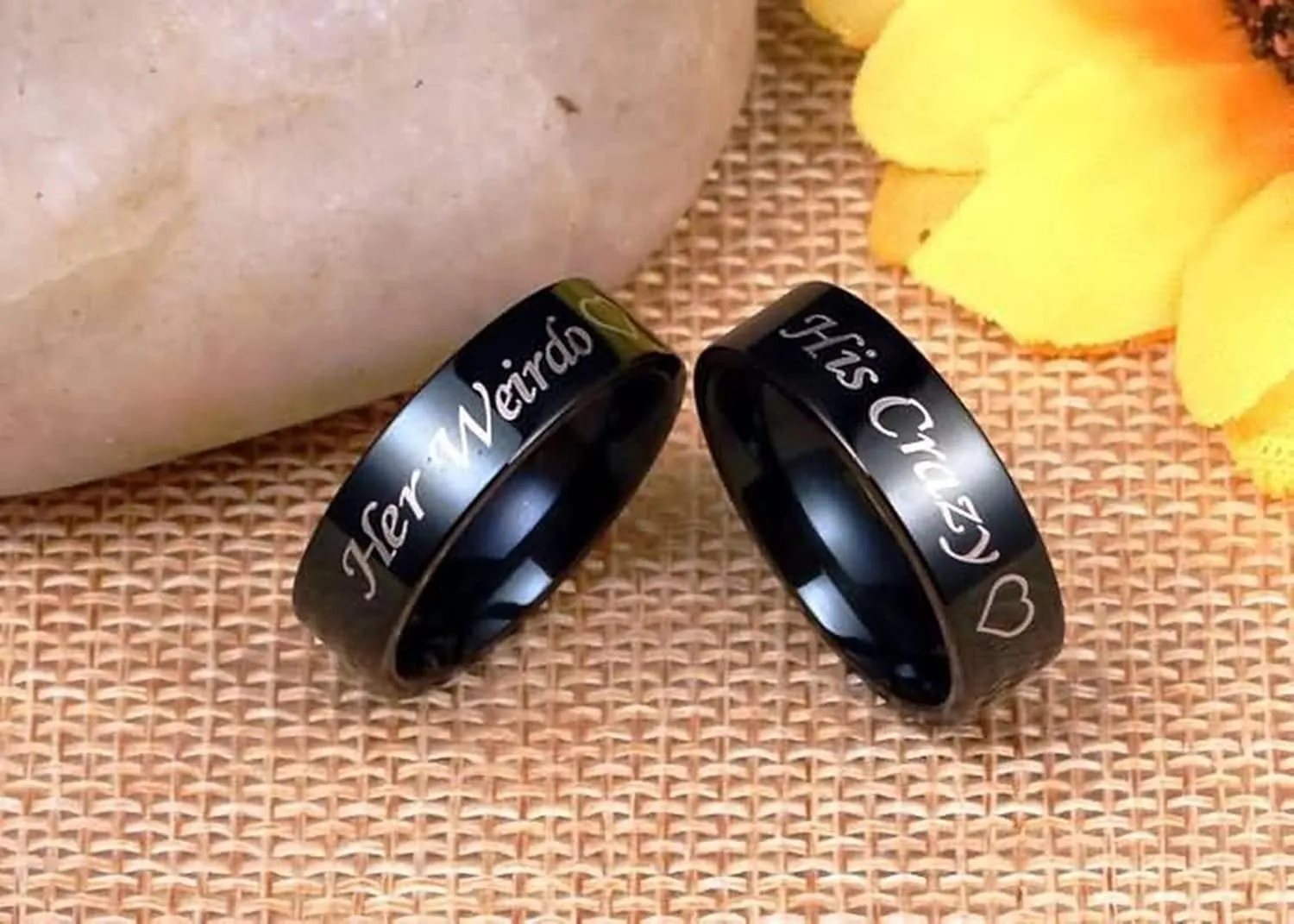 Customized Couple Rings, Couples Engagement Rings Set Stainless Steel Engraved Heart Her Weirdo and His Crazy Black Rings for Women Men Xmas Size 6-12