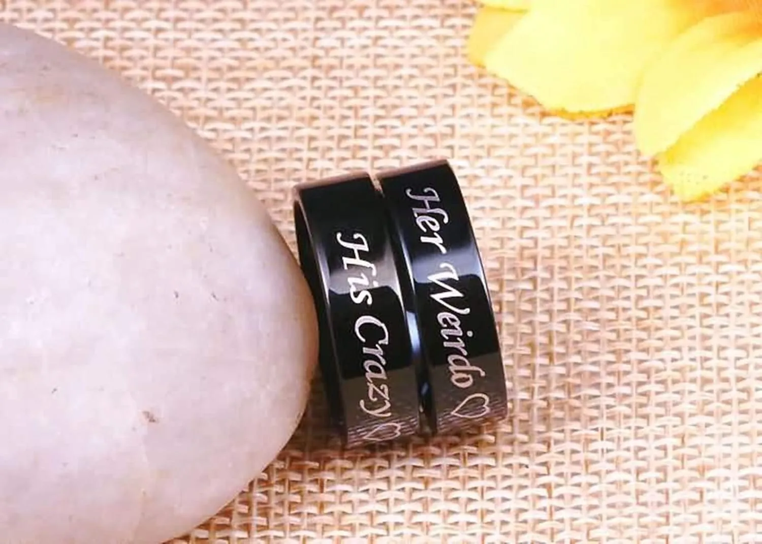Customized Couple Rings, Couples Engagement Rings Set Stainless Steel Engraved Heart Her Weirdo and His Crazy Black Rings for Women Men Xmas Size 6-12