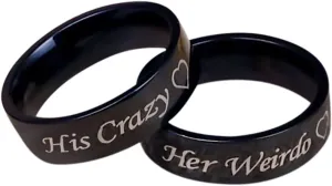 Customized Couple Rings, Couples Engagement Rings Set Stainless Steel Engraved Heart Her Weirdo and His Crazy Black Rings for Women Men Xmas Size 6-12