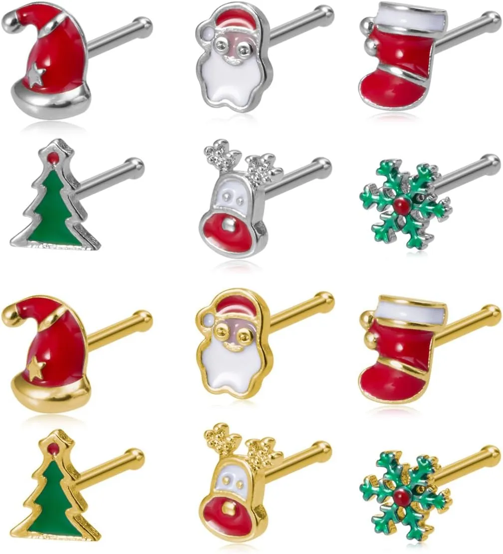 Cute Christmas Santa Claus Nose Rings Studs for Women Men 316L Surgical Stainless Steel Snowflake Deer Elk Enamel Bone Nose Piercing Ring Stud Fashion Jewelry Gifts 20G