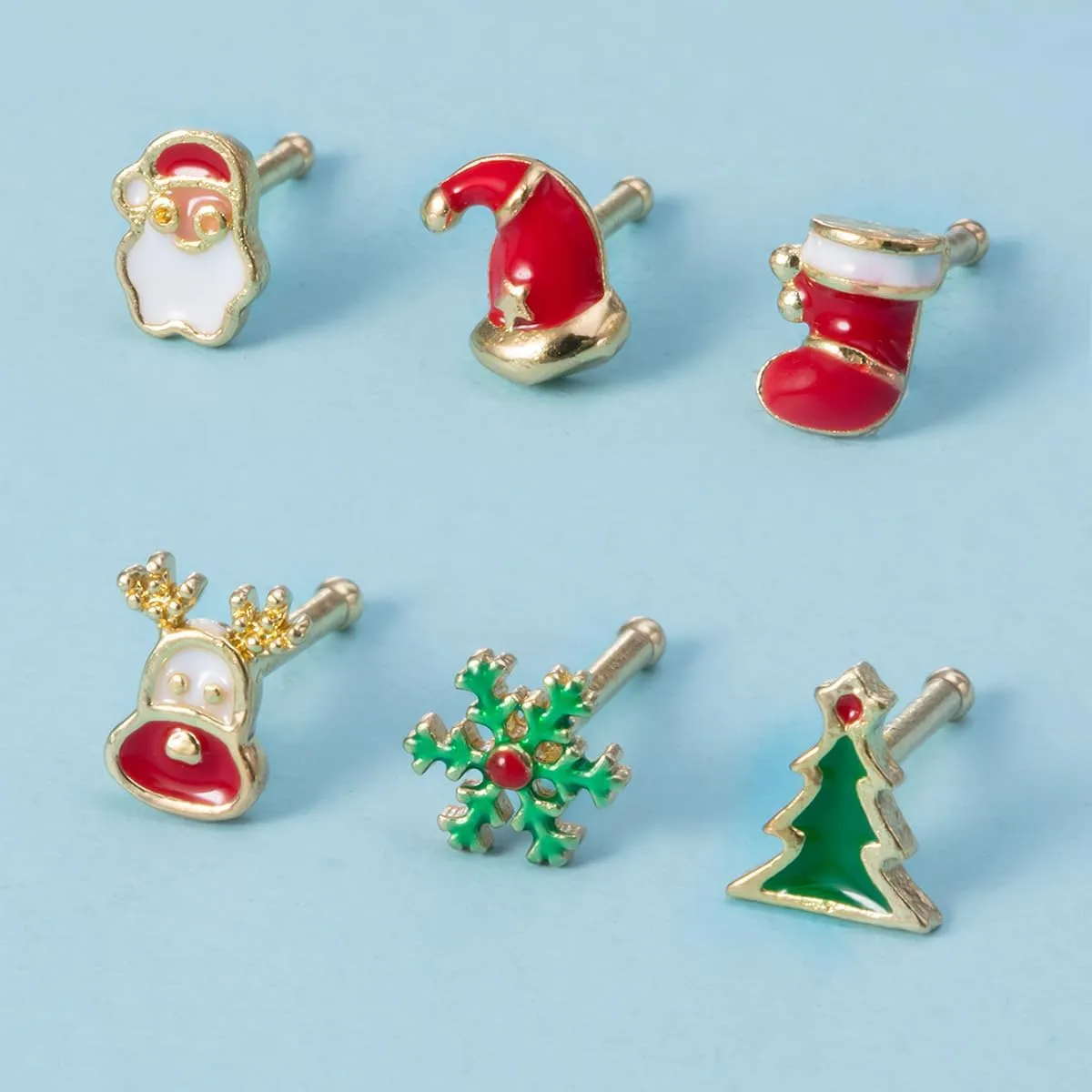 Cute Christmas Santa Claus Nose Rings Studs for Women Men 316L Surgical Stainless Steel Snowflake Deer Elk Enamel Bone Nose Piercing Ring Stud Fashion Jewelry Gifts 20G