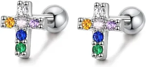 Cute Cross Faith Cartilage Stud Earrings for Women Cubic Zirconia Colorful Crystal Criss Tragus Sleeper Hypoallergenic Barbell Studs Hope Protection Earring Dainty Jewelry Gifts 20G