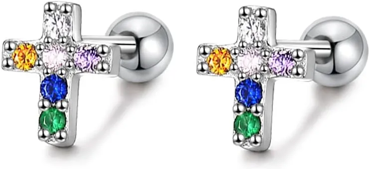 Cute Cross Faith Cartilage Stud Earrings for Women Cubic Zirconia Colorful Crystal Criss Tragus Sleeper Hypoallergenic Barbell Studs Hope Protection Earring Dainty Jewelry Gifts 20G