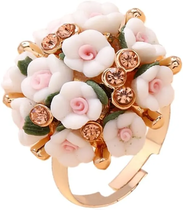 Cute CZ Clay Flower Statement Ring for Women Girls Bridals Gold Plated Adjustabal Expandable Rhinestone Colorful Cherry Daisy Clusters Open Wrap Finger Rings Comfort Fit Lovely Wedding Engagement Party Jewelry Gift