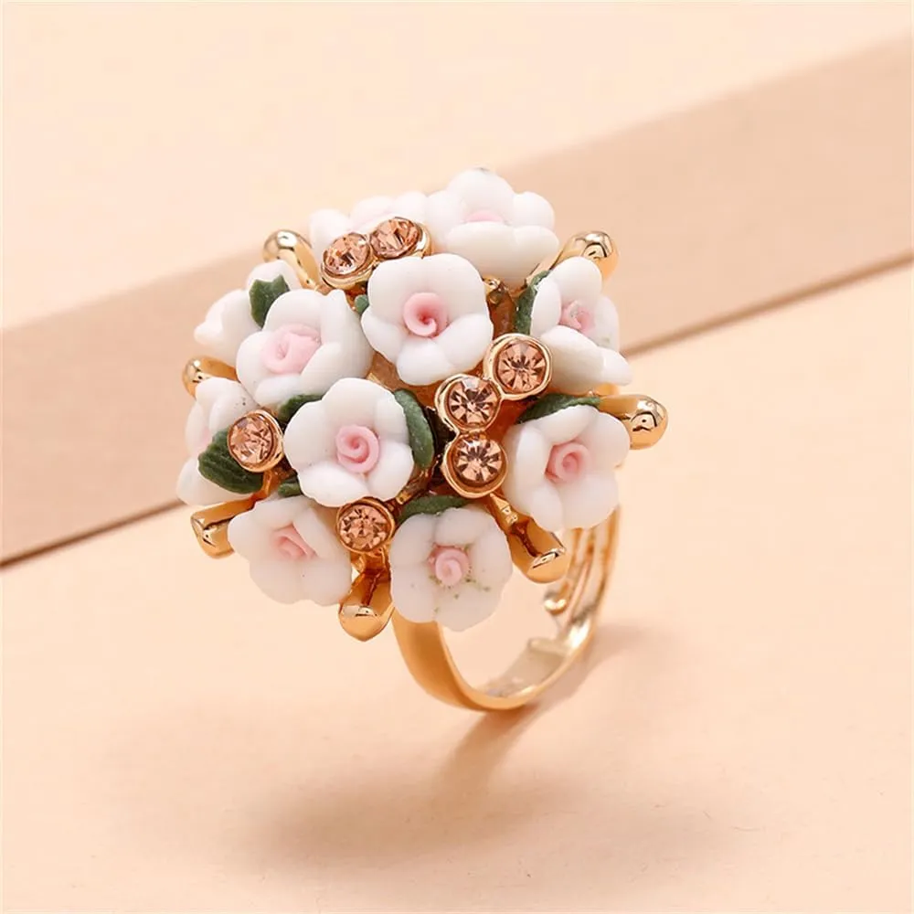 Cute CZ Clay Flower Statement Ring for Women Girls Bridals Gold Plated Adjustabal Expandable Rhinestone Colorful Cherry Daisy Clusters Open Wrap Finger Rings Comfort Fit Lovely Wedding Engagement Party Jewelry Gift
