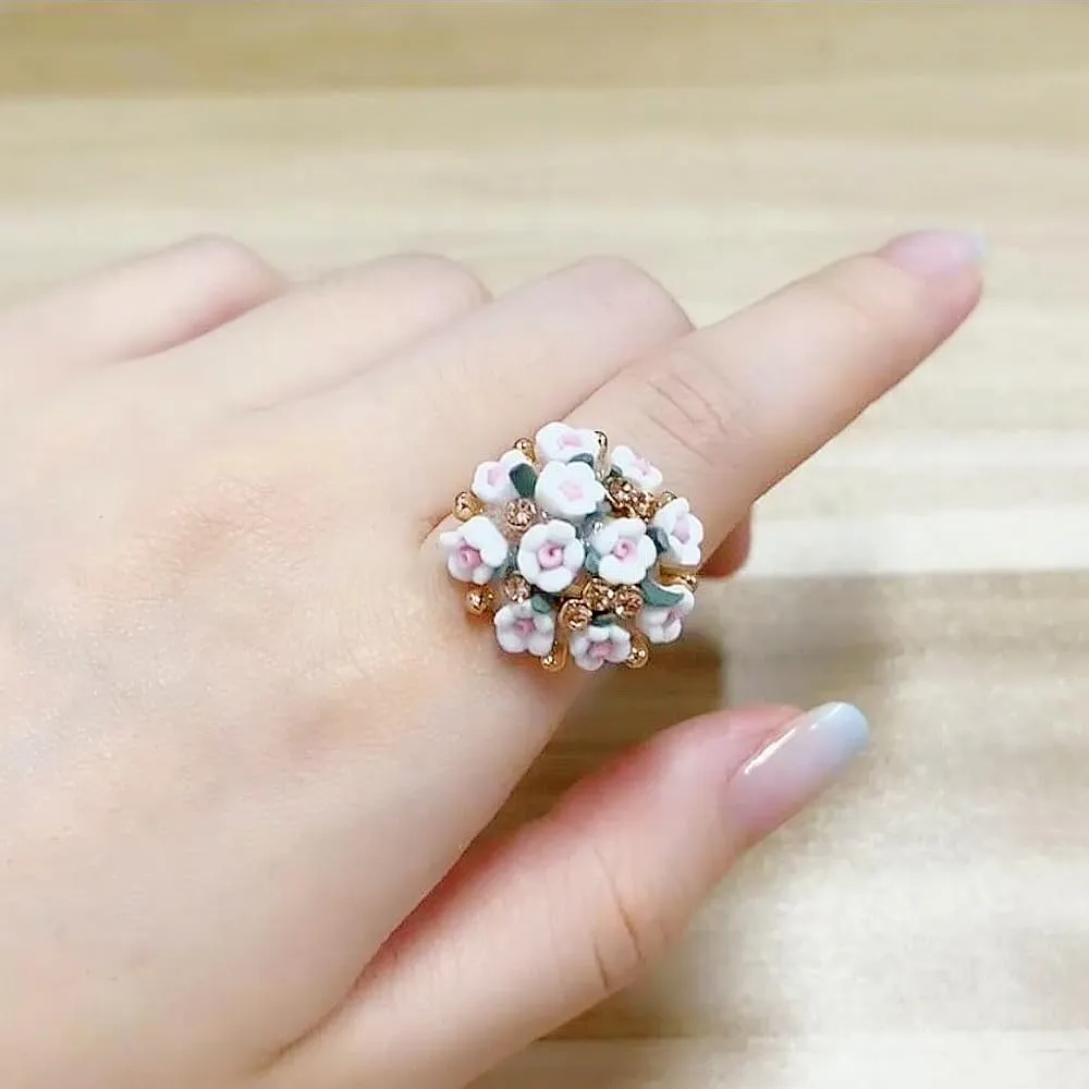 Cute CZ Clay Flower Statement Ring for Women Girls Bridals Gold Plated Adjustabal Expandable Rhinestone Colorful Cherry Daisy Clusters Open Wrap Finger Rings Comfort Fit Lovely Wedding Engagement Party Jewelry Gift
