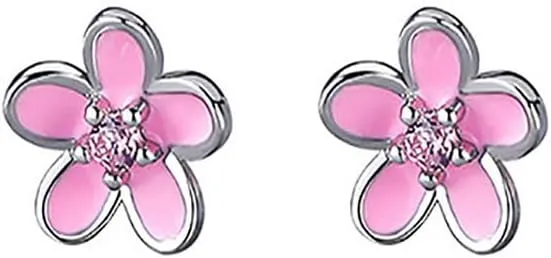 Cute Flower Tiny Small Stud Earrings 925 Sterling Silver Crystal Cubic Zirconia Pink Cherry Blossom Floral Cartilage Tragus Hypoallergenic Pierced Sleeper Studs Earring Dainty Jewelry for Women Teen