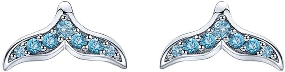 Cute Mermaid Tail CZ Stud Earrings for Women S925 Sterling Silver Bule Cubic Zirconia Crystal Fish Whale Tail Hypoallergenic Tragus Post Pin Dainty Earrings Jewelry Gift for Daughter