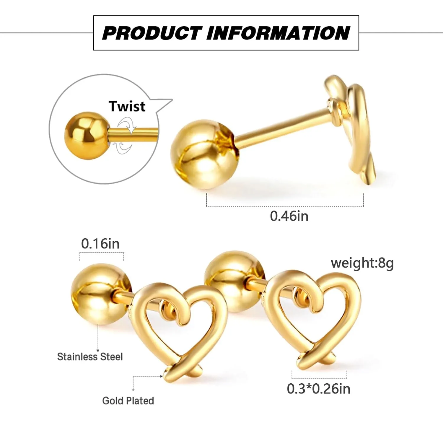 Cute Tiny Gold Heart Love Earrings for Girls, Mother's Day Gifts for Women, 4mm Screw Back Ball Studs Mini Love Cartilage Hypoallergenic Earrings Birthday Gifts, Valentines Day Gifts