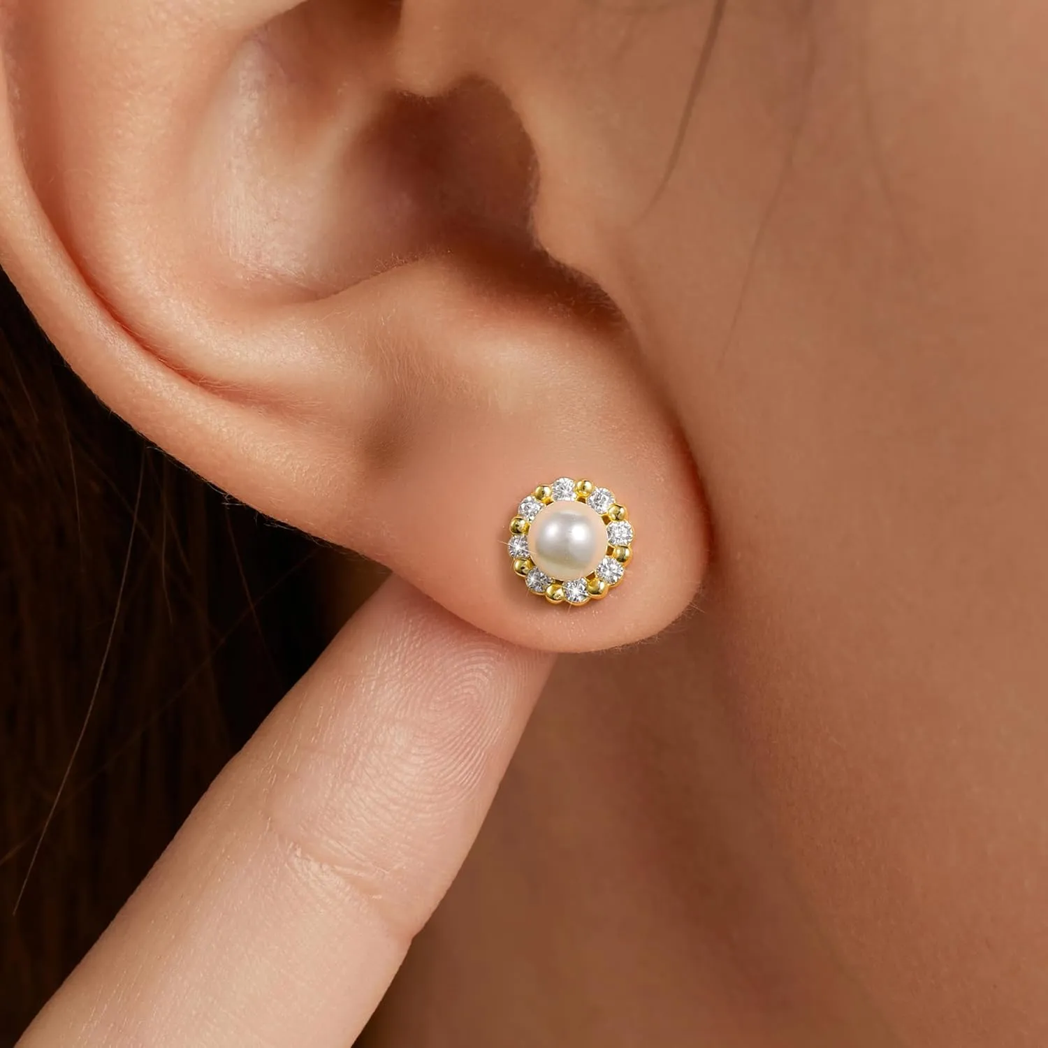 CZ Pearl Halo Earrings Studs for Women S925 Sterling Silver Pearl Stud Earring with Cubic Zirconia Diamond 14K Gold Plated Fancy Pearl Earring Hypoallergenic Birthday Jewelry To Mom Daughter