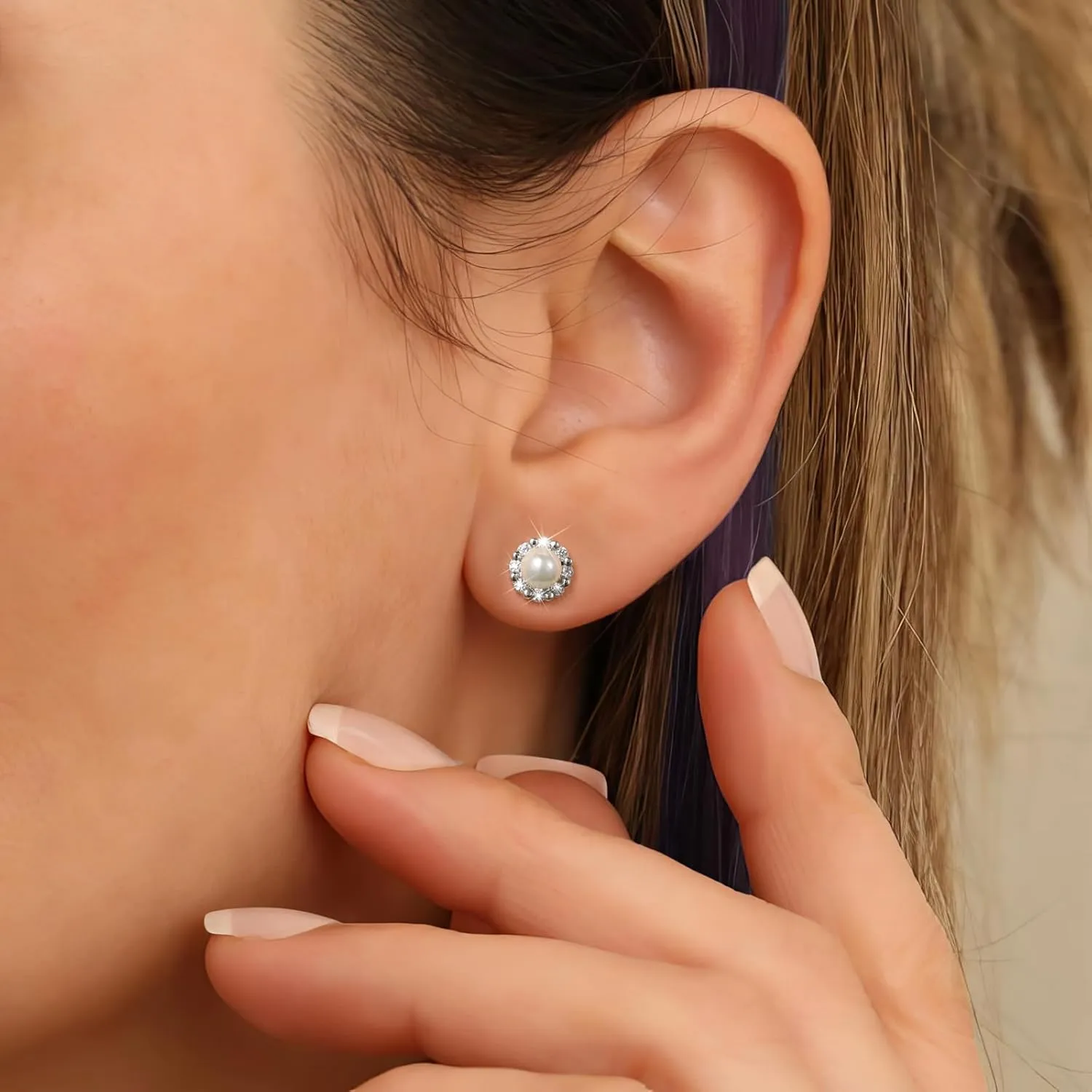 CZ Pearl Halo Earrings Studs for Women S925 Sterling Silver Pearl Stud Earring with Cubic Zirconia Diamond 14K Gold Plated Fancy Pearl Earring Hypoallergenic Birthday Jewelry To Mom Daughter