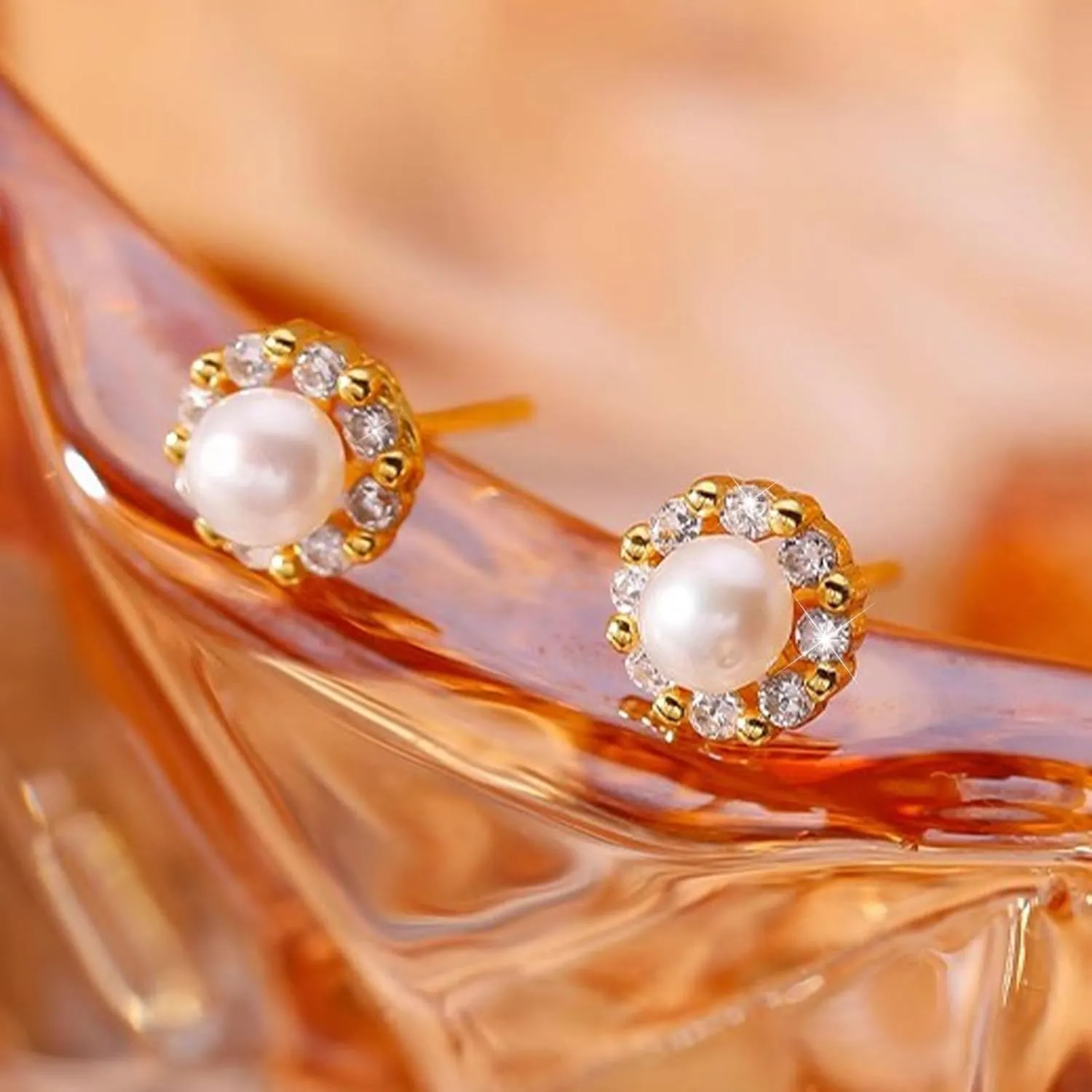 CZ Pearl Halo Earrings Studs for Women S925 Sterling Silver Pearl Stud Earring with Cubic Zirconia Diamond 14K Gold Plated Fancy Pearl Earring Hypoallergenic Birthday Jewelry To Mom Daughter