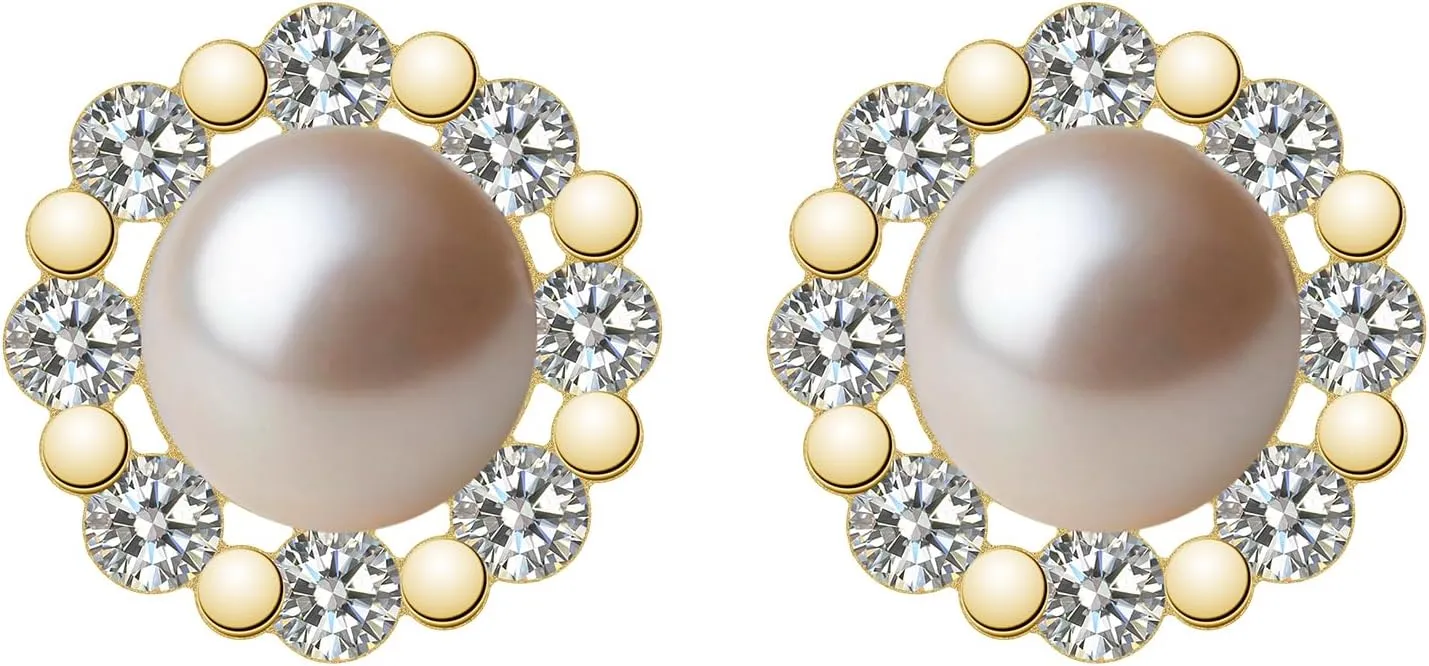CZ Pearl Halo Earrings Studs for Women S925 Sterling Silver Pearl Stud Earring with Cubic Zirconia Diamond 14K Gold Plated Fancy Pearl Earring Hypoallergenic Birthday Jewelry To Mom Daughter